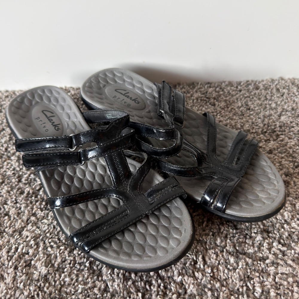 Clarks Privo Womens Black Patent Strappy Comfort Slide Sandals Hook Loop Size 7